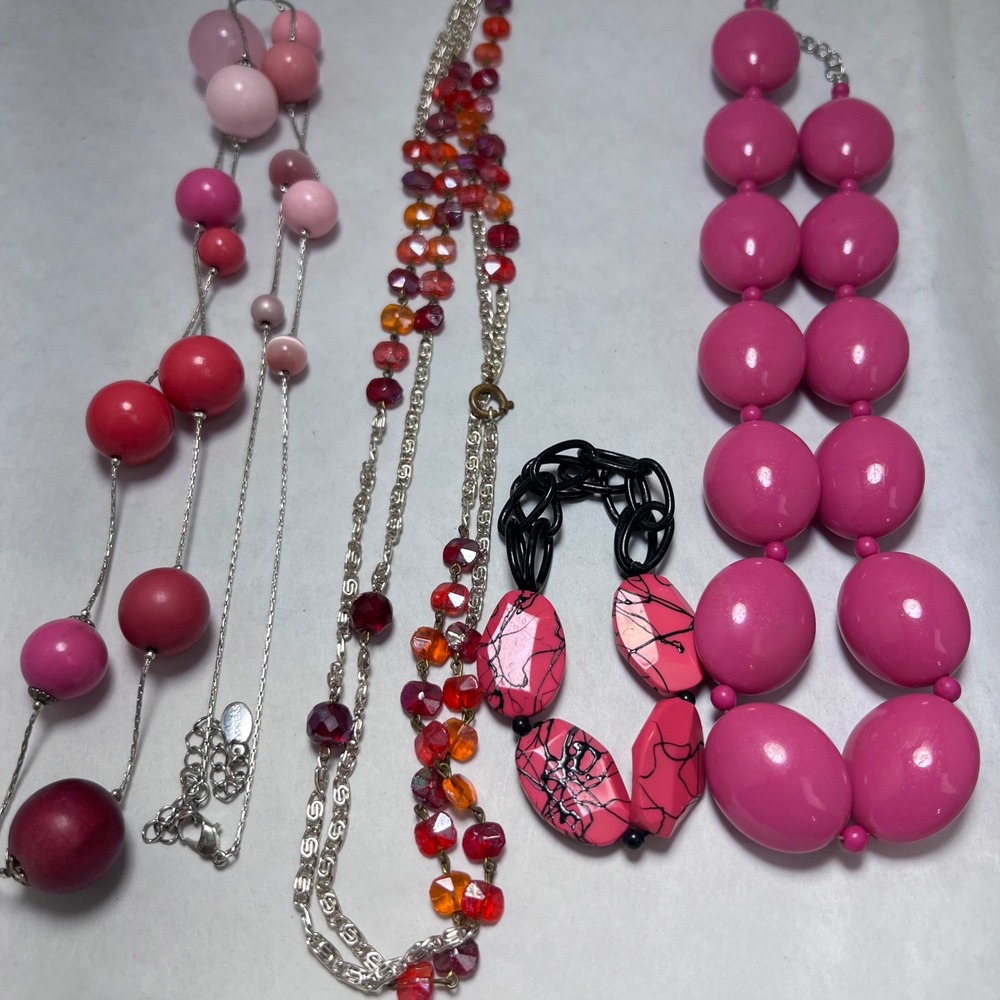 Pink Red Statement Necklace Lot 4pc Beaded Chunky Layered Silver Tone Jewelry
